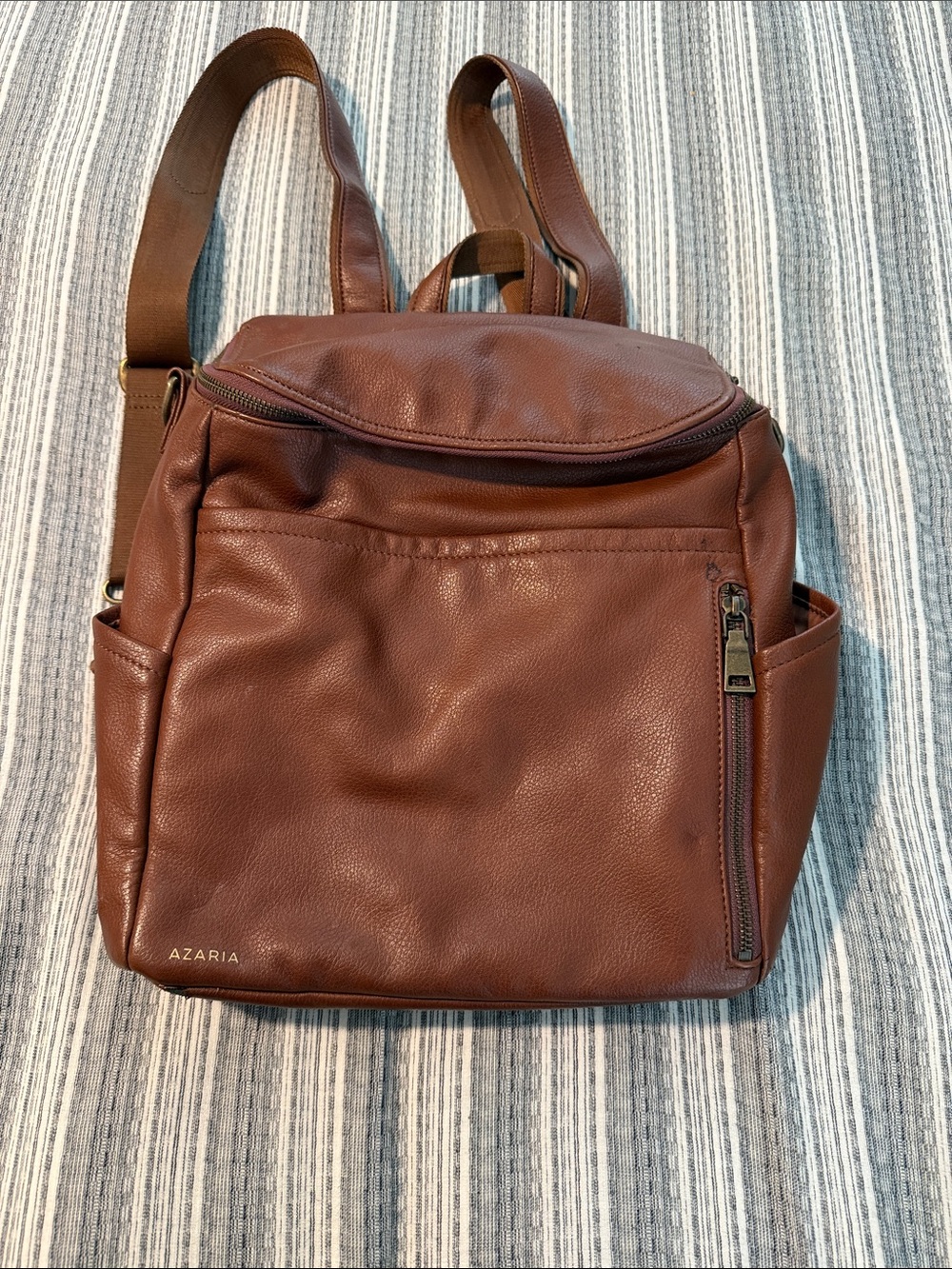 Azaria Brown Leather Diaper Backpack with Front Zip Pocket
